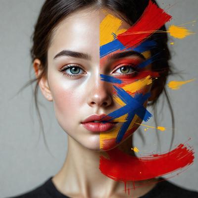 The primary subject of the image is a woman with a unique and artistic appearance. She has a face painted with a combination of red, blue, and yellow colors, giving her a striking and vibrant look. The setting is a room with a gray background, which provides a clean and neutral backdrop for the woman's striking visual style. The visual style of the image is a mix of photo and digital art, creating a blend of realism and creativity. The colors and mood of the image are energetic and
